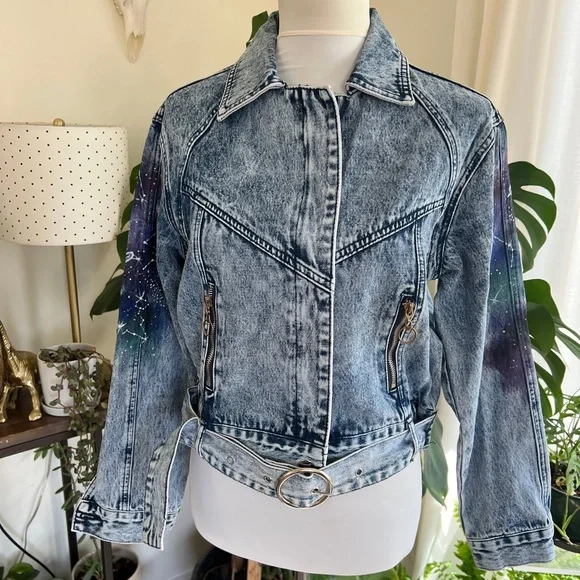 Galaxy Hand Painted Vintage Retro Denim Jean Jacket S/M - Picture 12 of 13